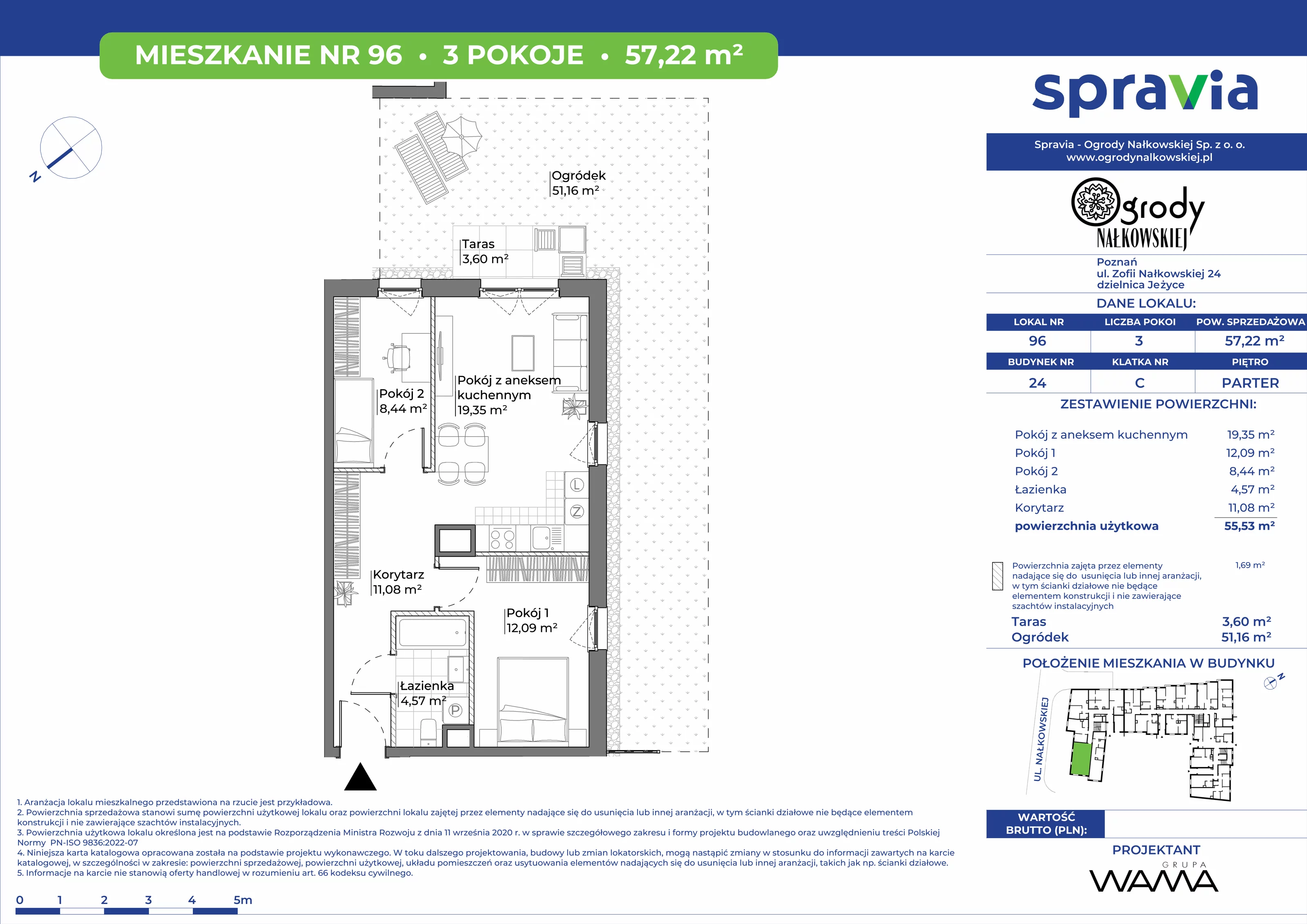 3 pokoje, mieszkanie 57,22 m², parter, oferta nr 24-96, Ogrody Nałkowskiej, Poznań, Ogrody, ul. Nałkowskiej 24, 26